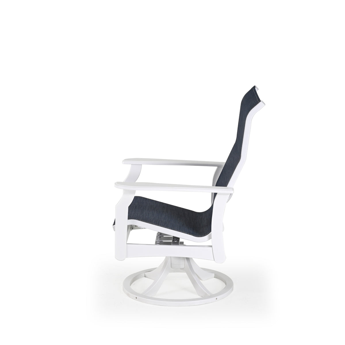 Side view of marine grade polymer and sling swivel tilt dining chair