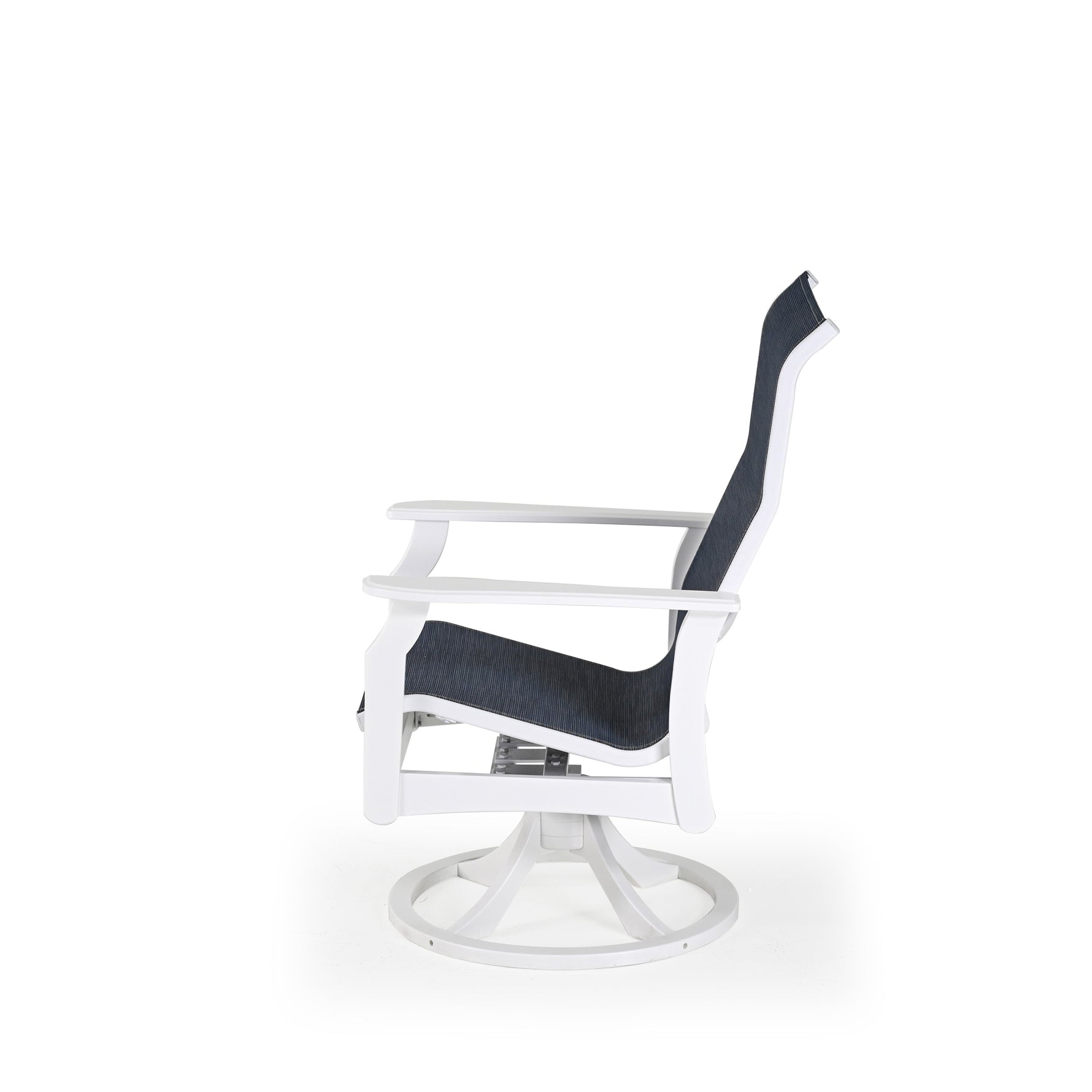 Side view of marine grade polymer and sling swivel tilt dining chair