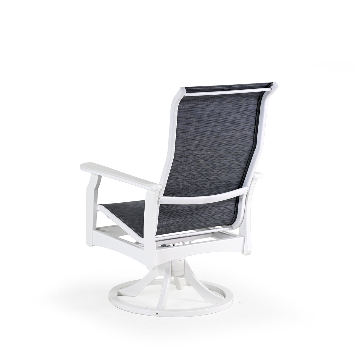 Back view of marine grade polymer and sling swivel tilt dining chair