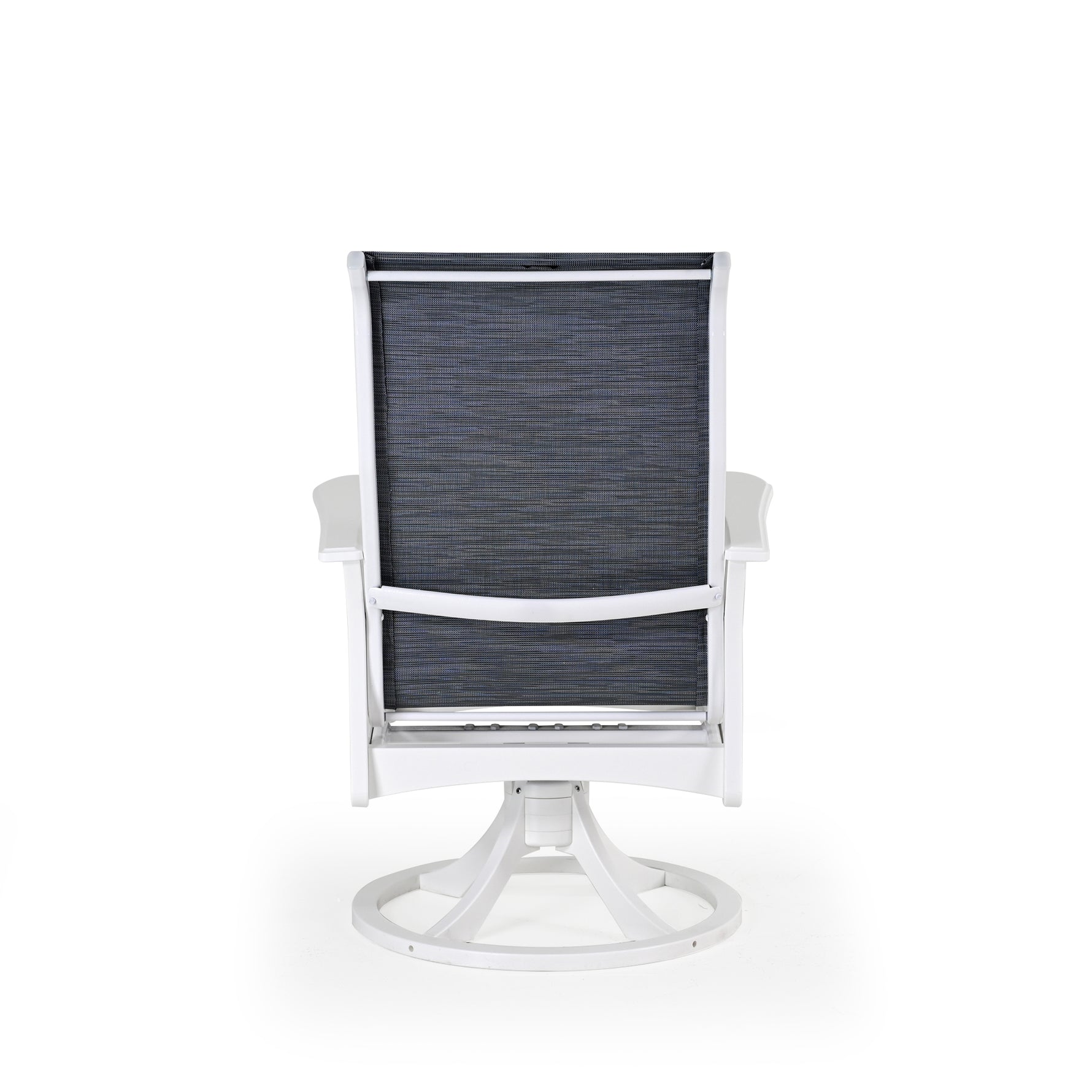 Back view of marine grade polymer and sling swivel tilt dining chair
