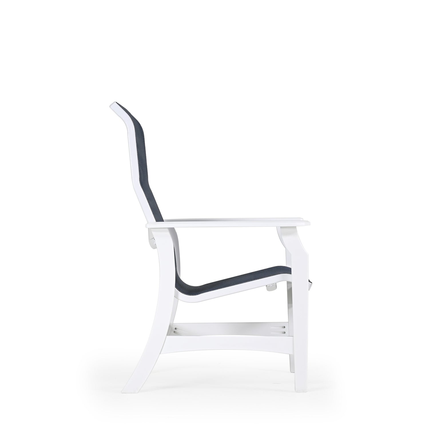 Side view of marine grade polymer and sling dining chair