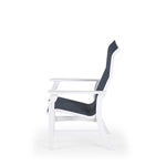 Side view of marine grade polymer and sling dining chair