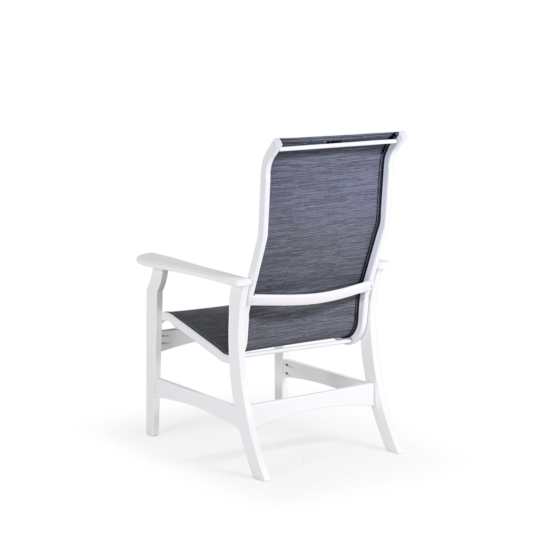 Back view of marine grade polymer and sling dining chair