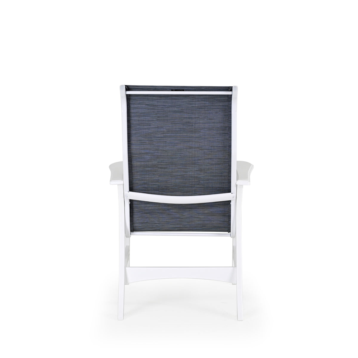 Back view of marine grade polymer and sling dining chair