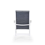 Back view of marine grade polymer and sling dining chair