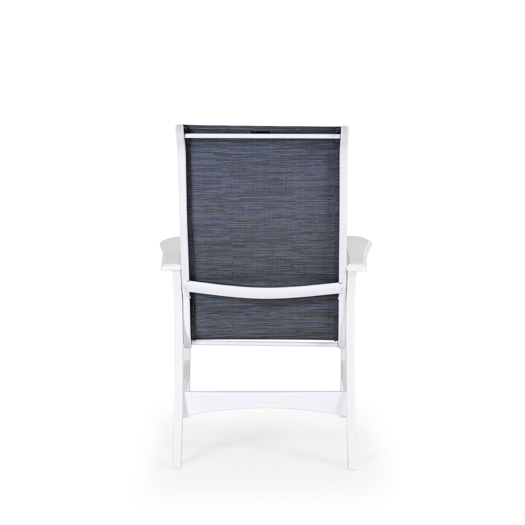 Back view of marine grade polymer and sling dining chair