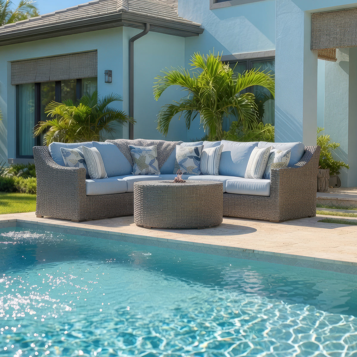 Outdoor wicker sectional with cushions and toss pillow in front of house by pool.