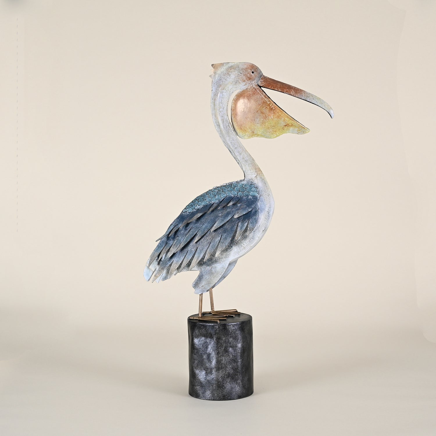 Metal Pelican with Open Beak on Post