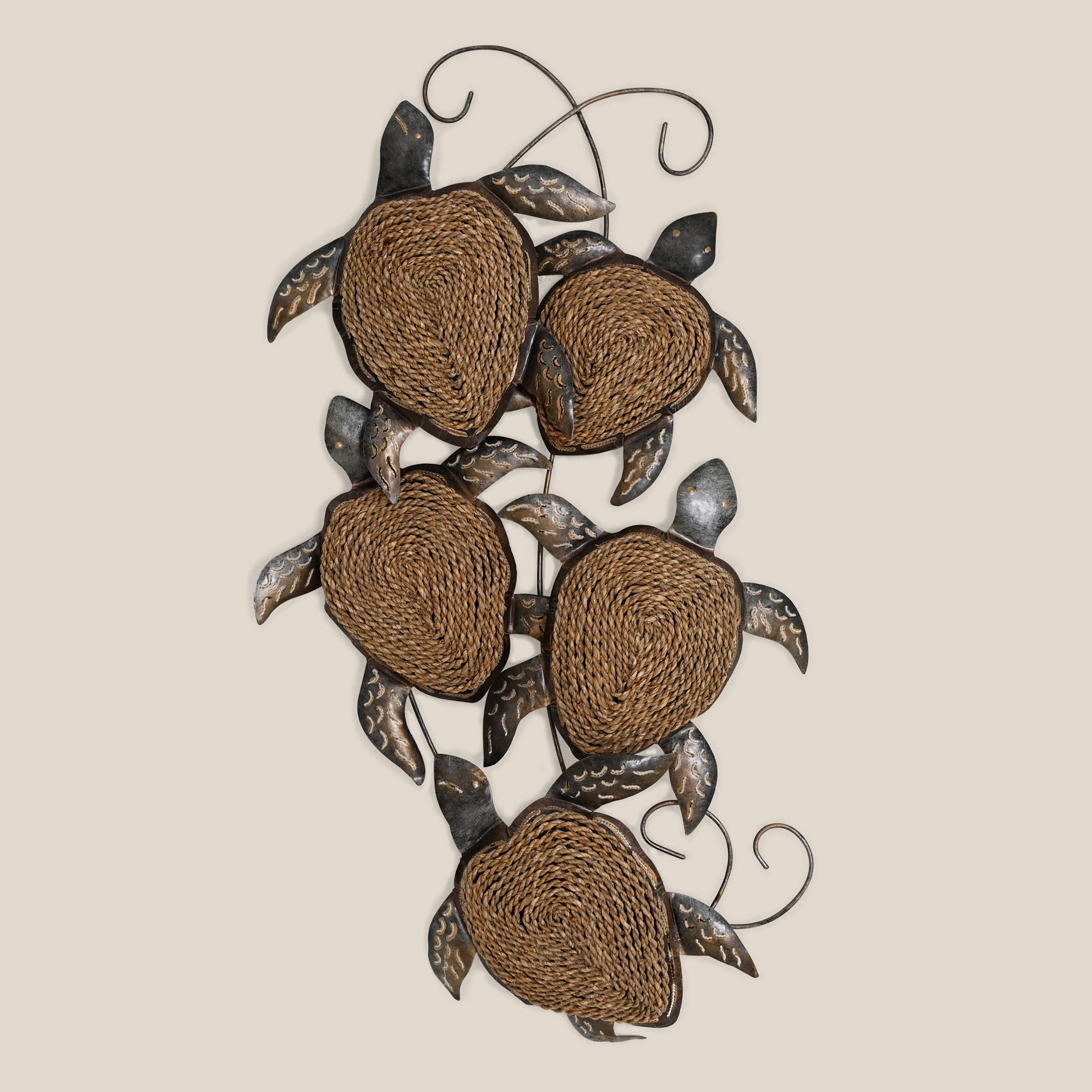 Decorative wall art with woven turtle design and metal accents