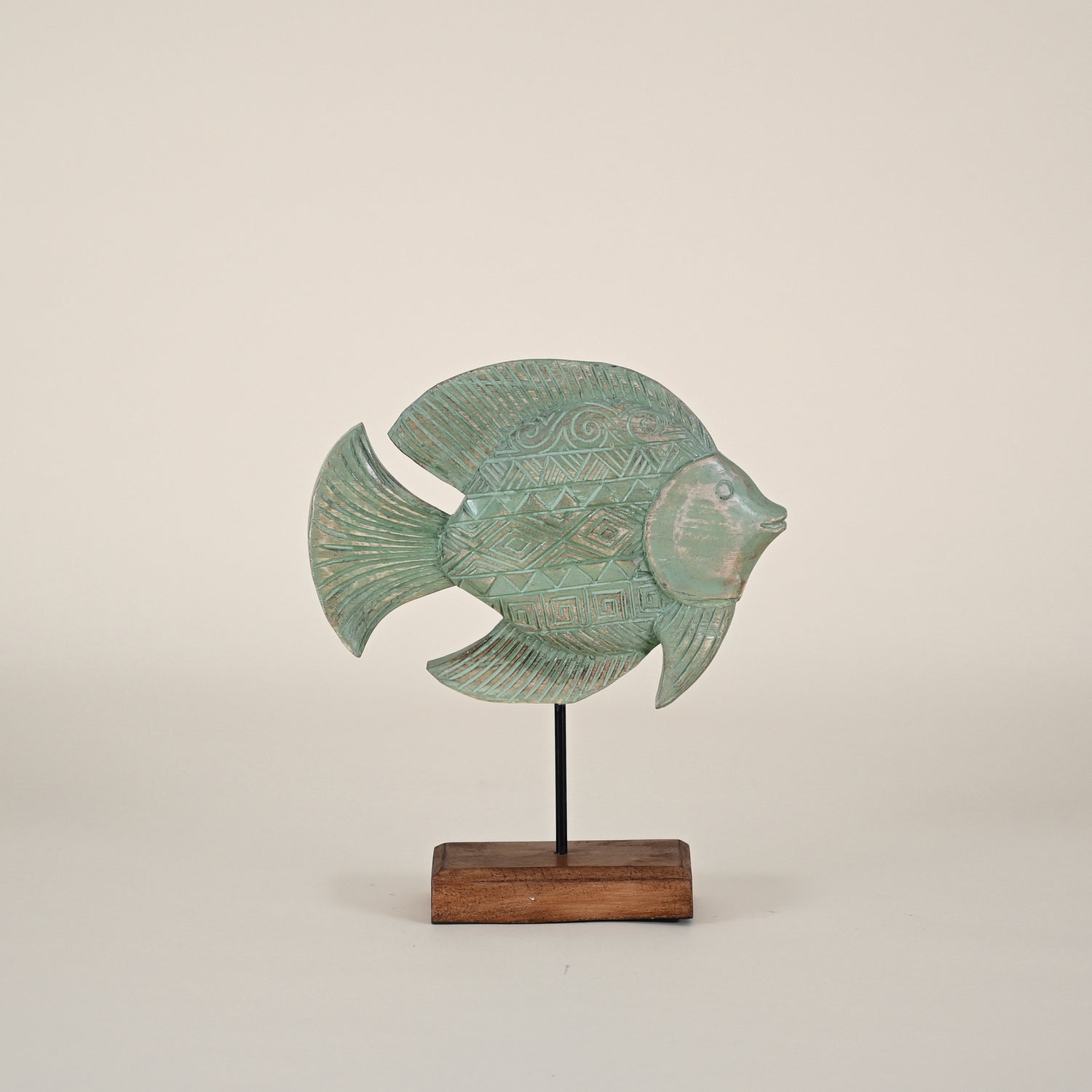 Carved Green Fish with Polynesian Pattern n on Wood Base