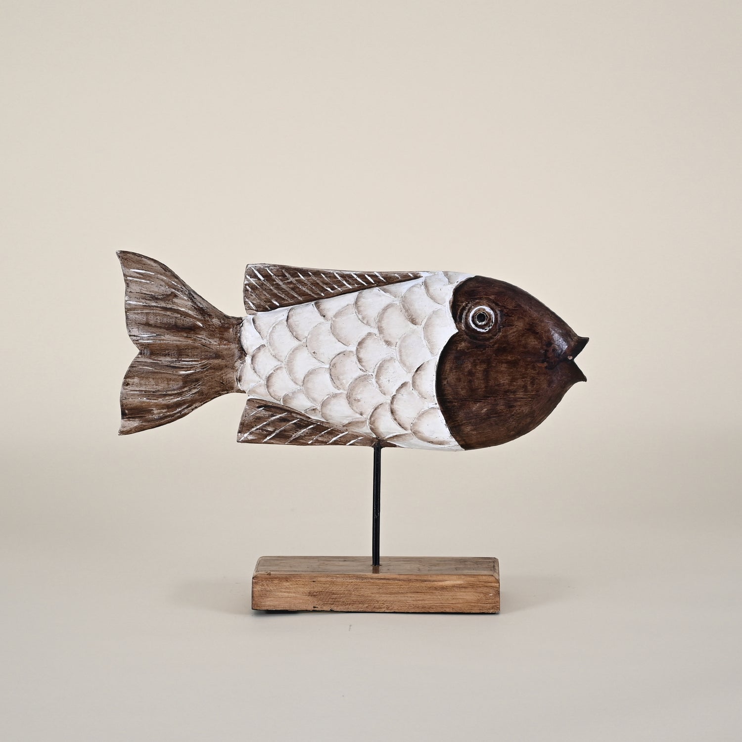 Wood Fish with White Scales on Wood Stand