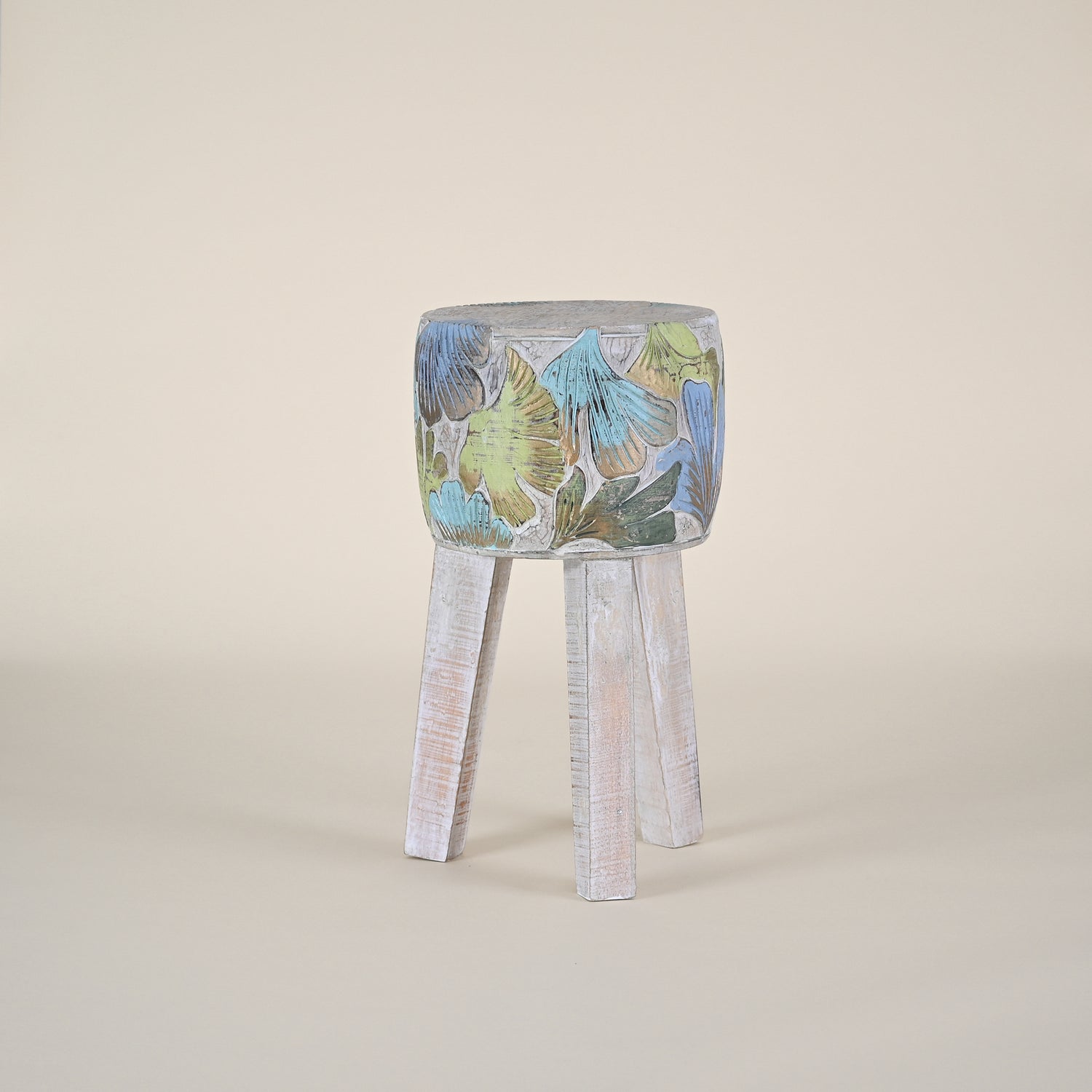Stool with Blue & Green Leaf Pattern on Three Legs