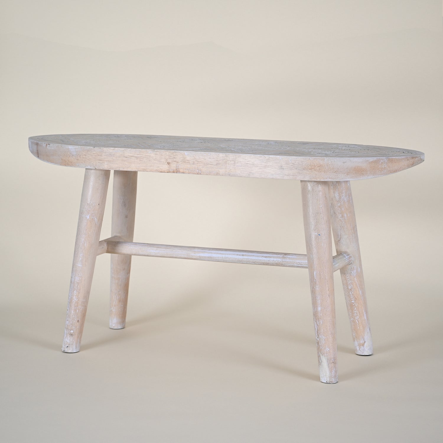 Surfboard Shaped Stool on Legs, Wood Tone with White Wash