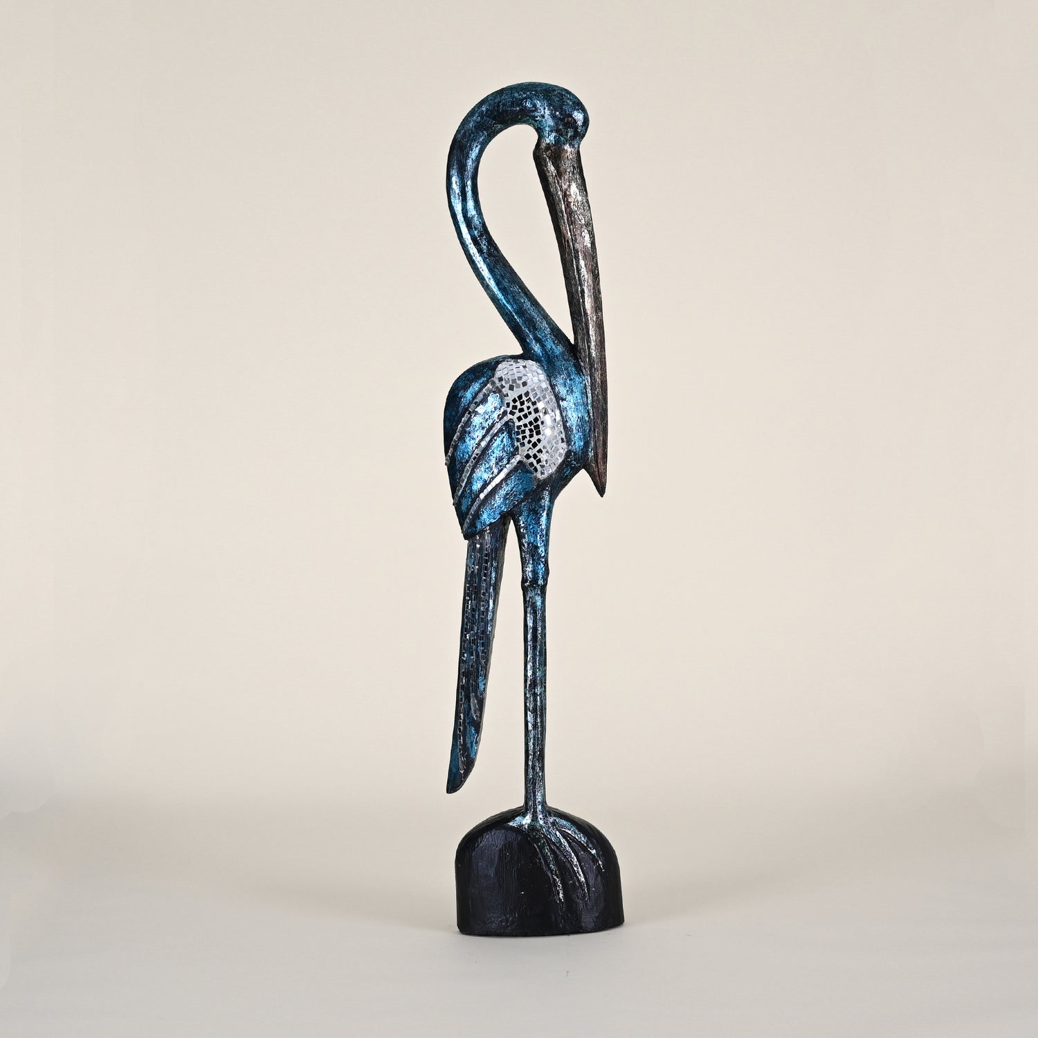 Tall Dark Teal, Black & White Bird on Black Base