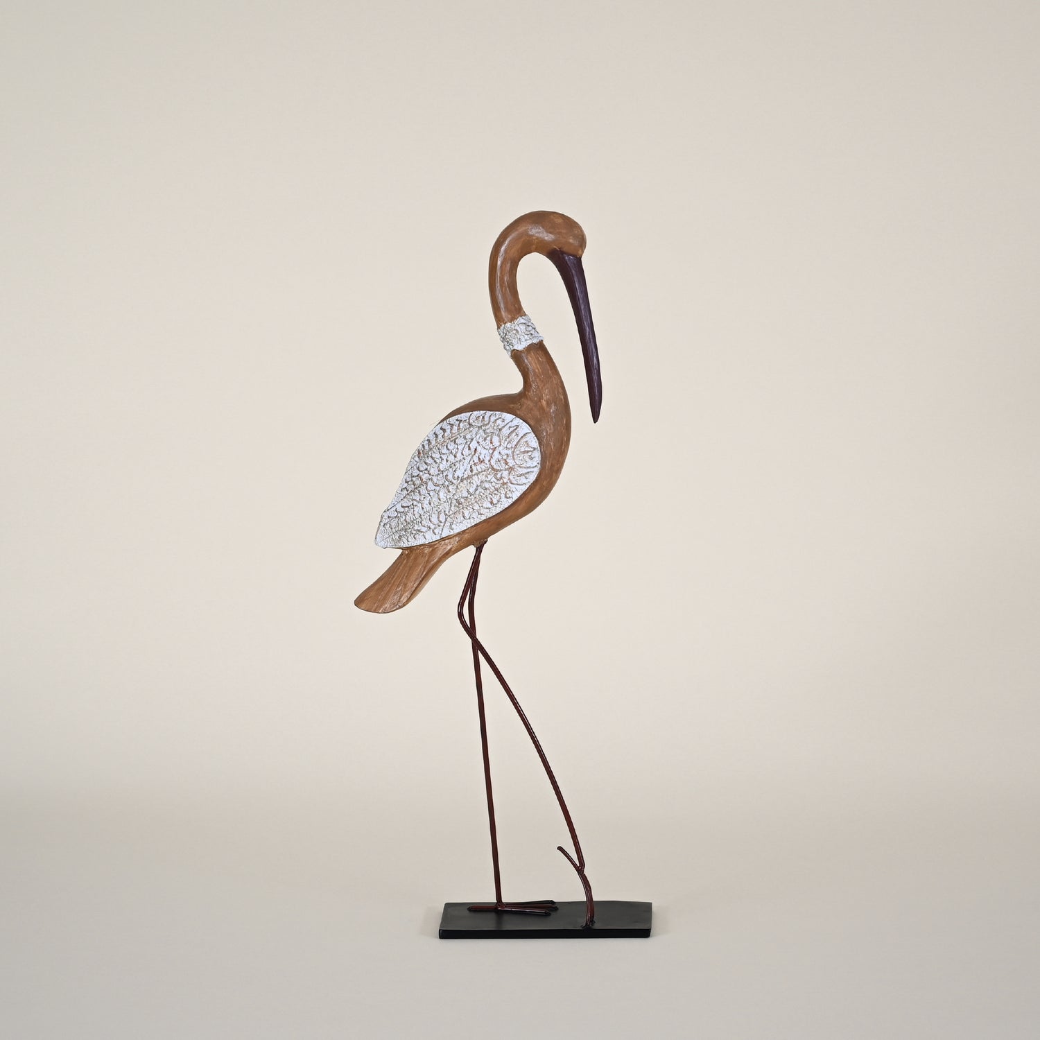 Neutral & White Bird with White Wings on Black Stand