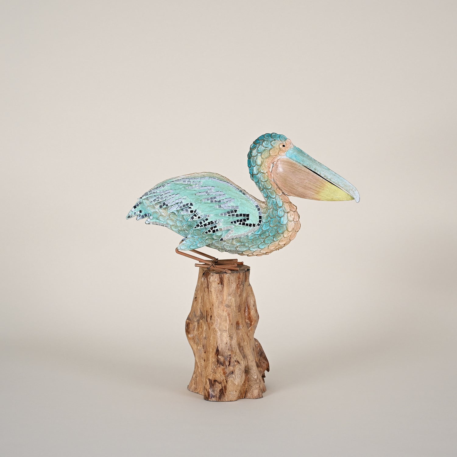 Light Blue Mosaic Pelican on Wood Root Piling
