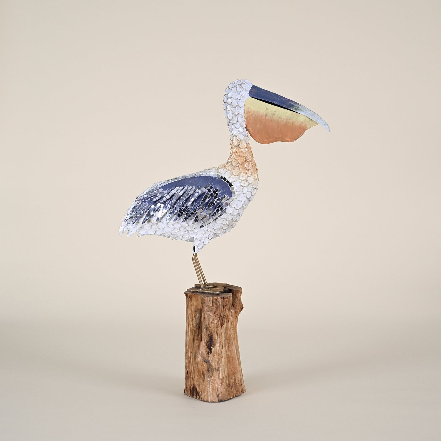 Blue & Gray Mosaic Pelican on Wood Root Piling