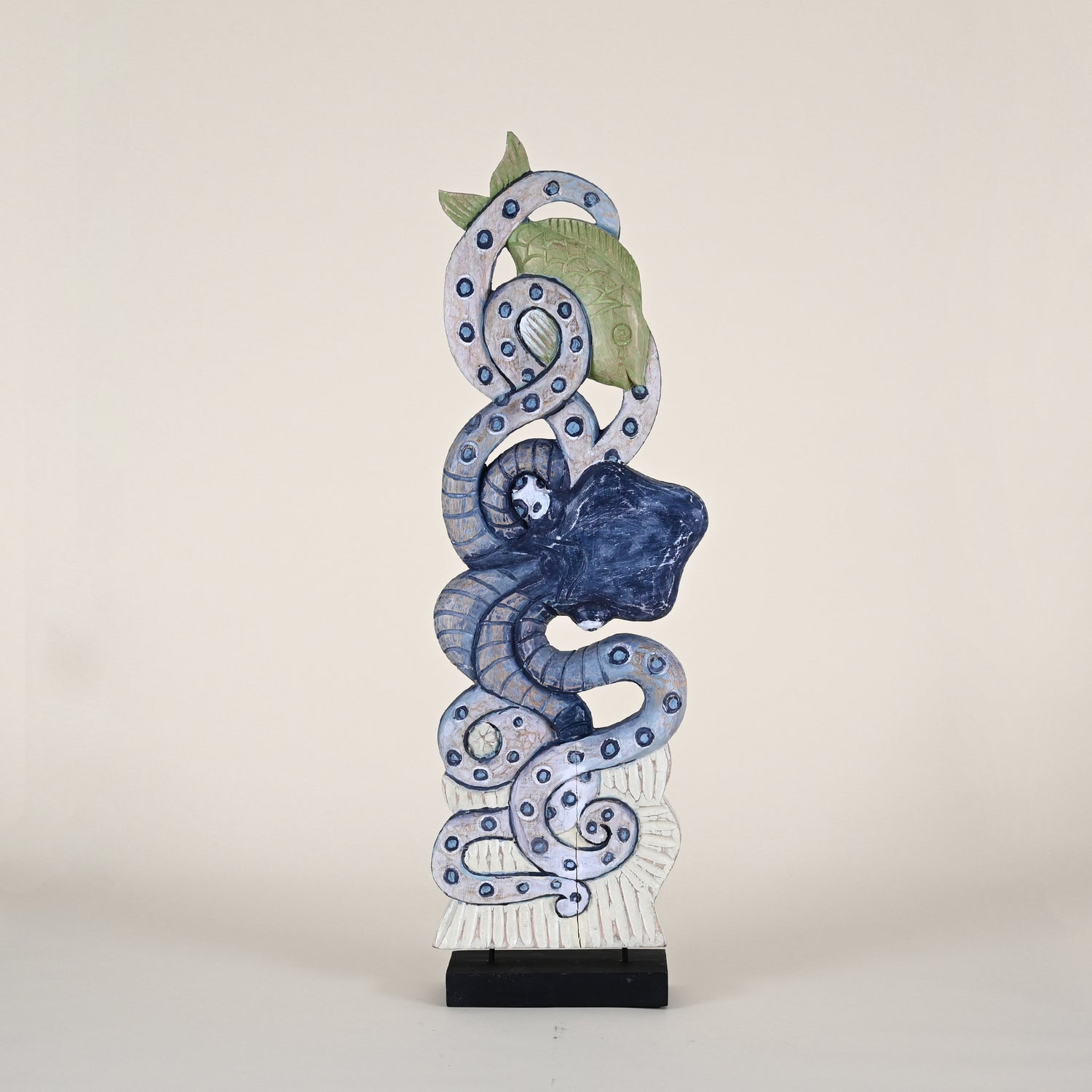Green, Blue & White Octopus Carving on Black Stand