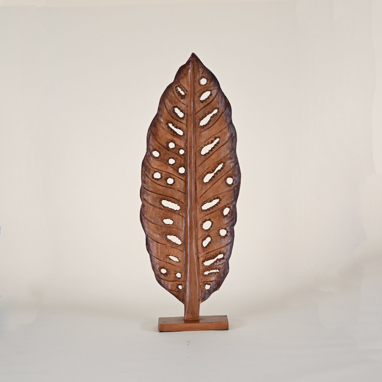 Dark Carved Wood Leaf on Stand