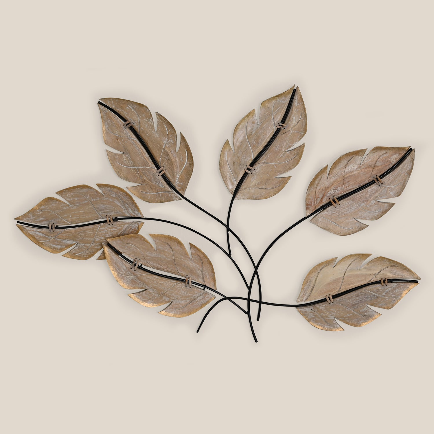 Wood Leaf with Metal Stems Wall Hanging