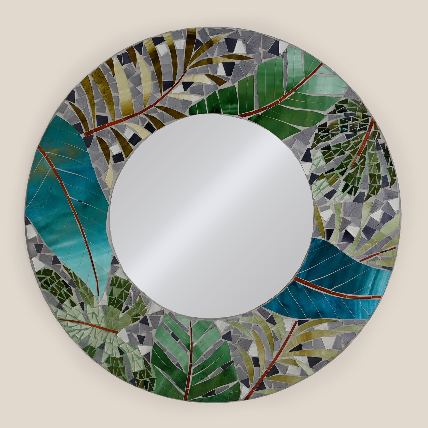 Round Mirror with Mosaic Leaf Perimeter