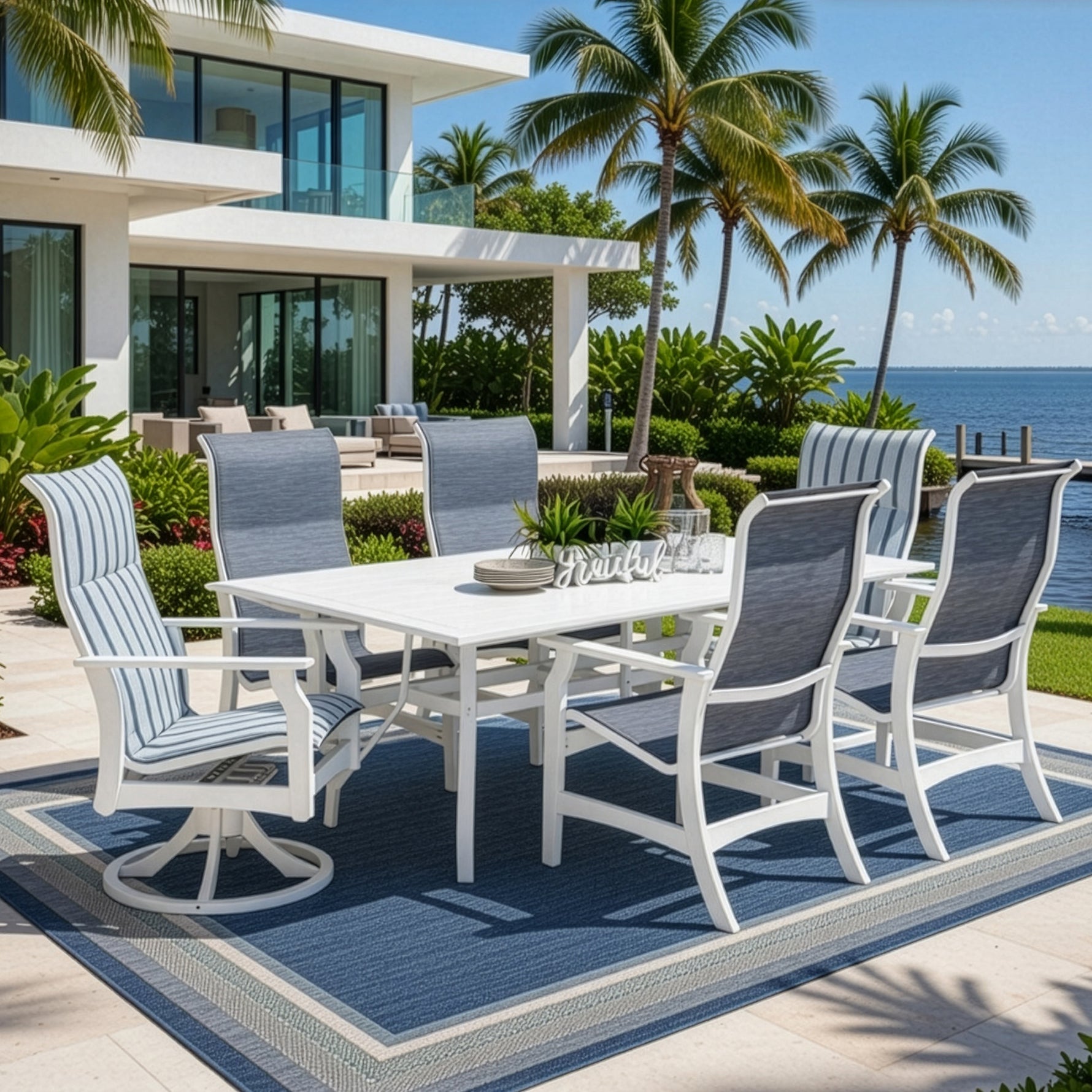 Outdoor marine grade polymer and sling dining set on a patio near the ocean